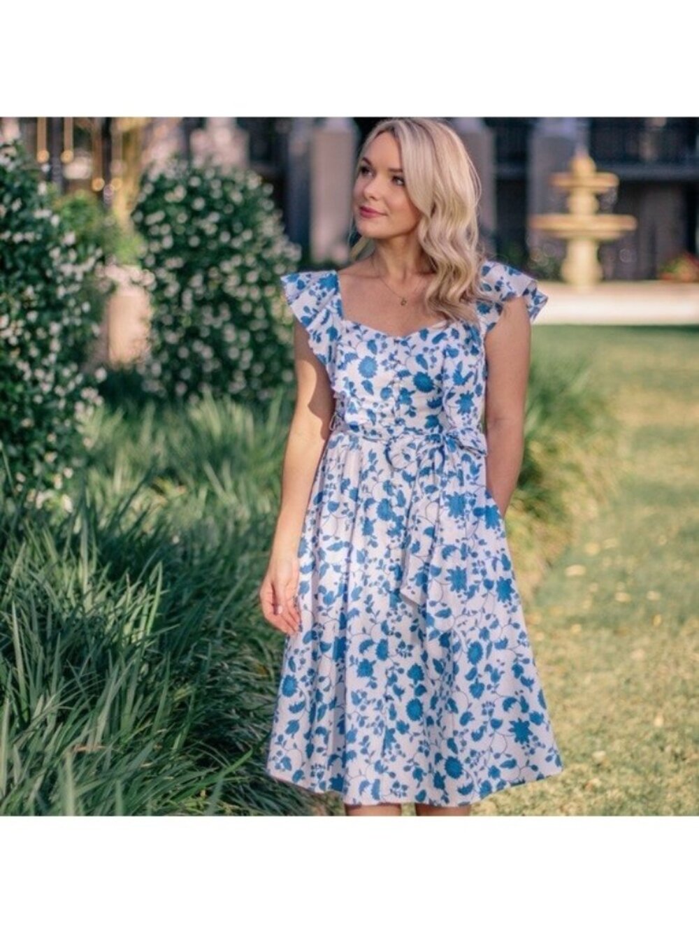 Gal Meets Glam Olivia Dress Blue White Floral Ruffle Sleeve Pockets Belt Size 10